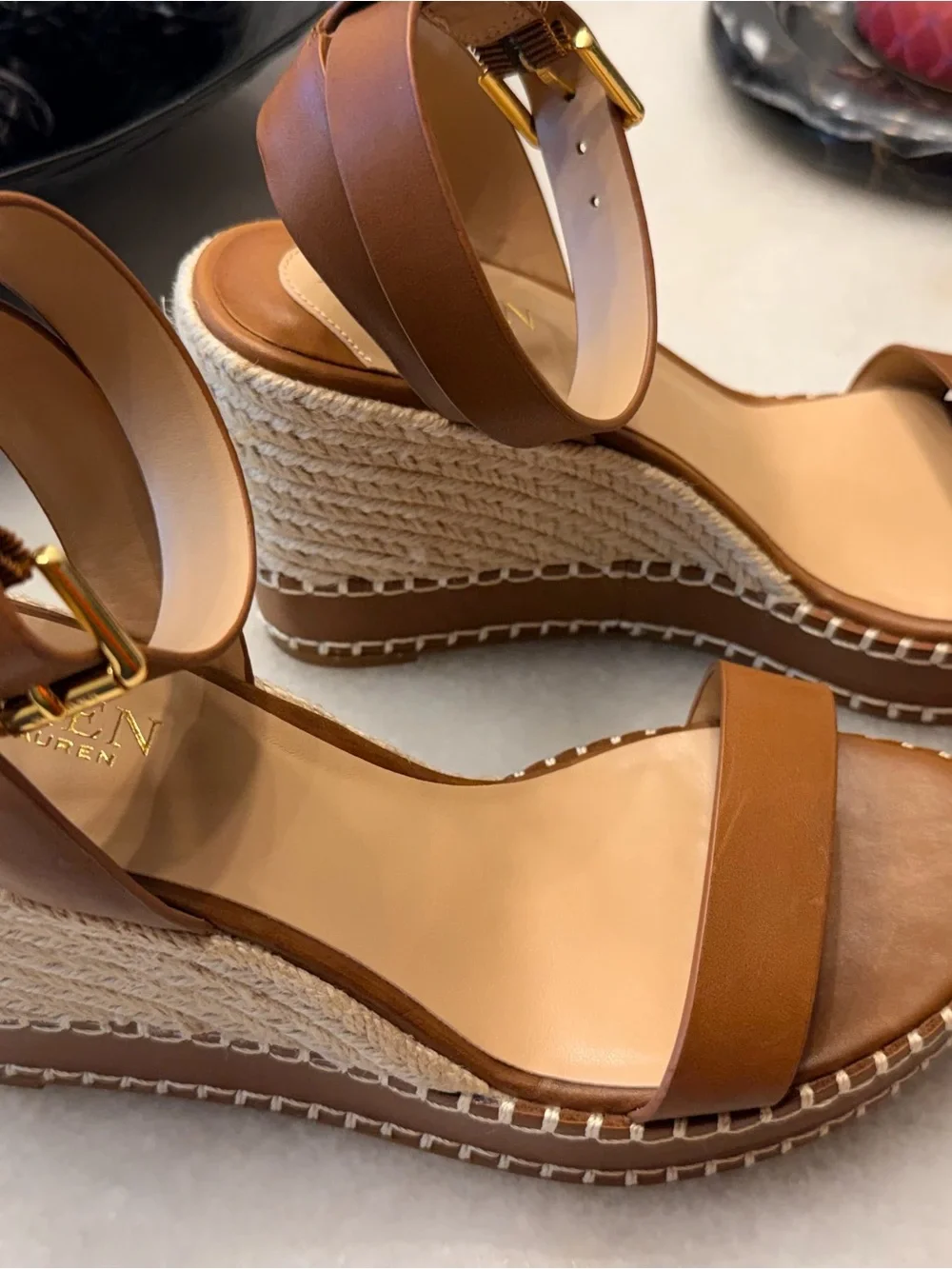 Lauren Ralph Lauren Tan Leather Wedge Espadrille Sandals